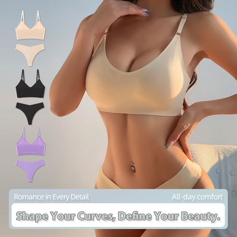 Women's Ribbed Wirefree Low Back Bralette and Panty Set 3/4 Cup Sponge Padding Seamless Comfort Yoga Sports Casual Lingerie (image for) Women's Ribbed Wirefree Low Back Bralette and Panty Set 3/4 Cup Sponge Padding Seamless Comfort Yoga Sports Casual Lingerie