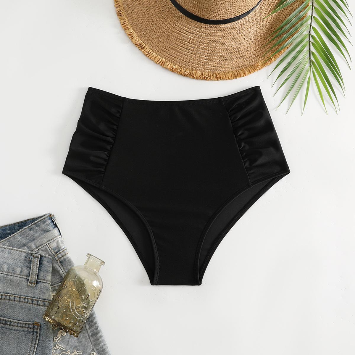 Women Ruched High Waist Solid Bikini Bottoms, High Stretch Triangle Swim Briefs (image for) Women Ruched High Waist Solid Bikini Bottoms, High Stretch Triangle Swim Briefs
