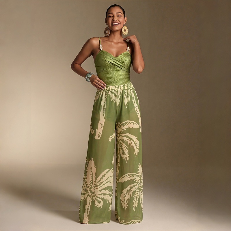 Women's 2026 Bohemian 2-Piece Swimsuit Set Textured Tummy Control One Piece Bathing Suit with Palm Print Wide Leg Cover Up Pants Padded Wirefree Island Vacation Resort Swimwear (image for) Women's 2026 Bohemian 2-Piece Swimsuit Set Textured Tummy Control One Piece Bathing Suit with Palm Print Wide Leg Cover Up Pants Padded Wirefree Island Vacation Resort Swimwear